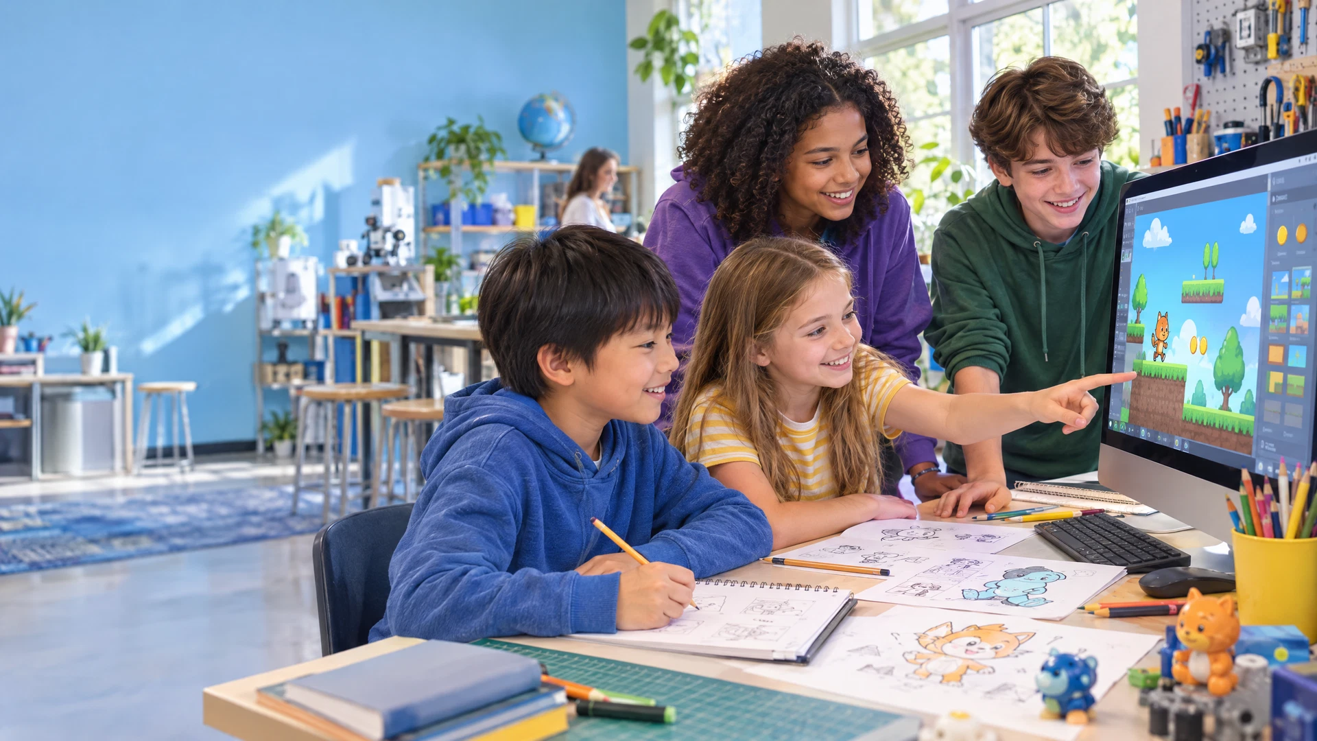 Illustrative scene of elementary, middle-school and high-school students designing a simple game in a bright school makerspace
