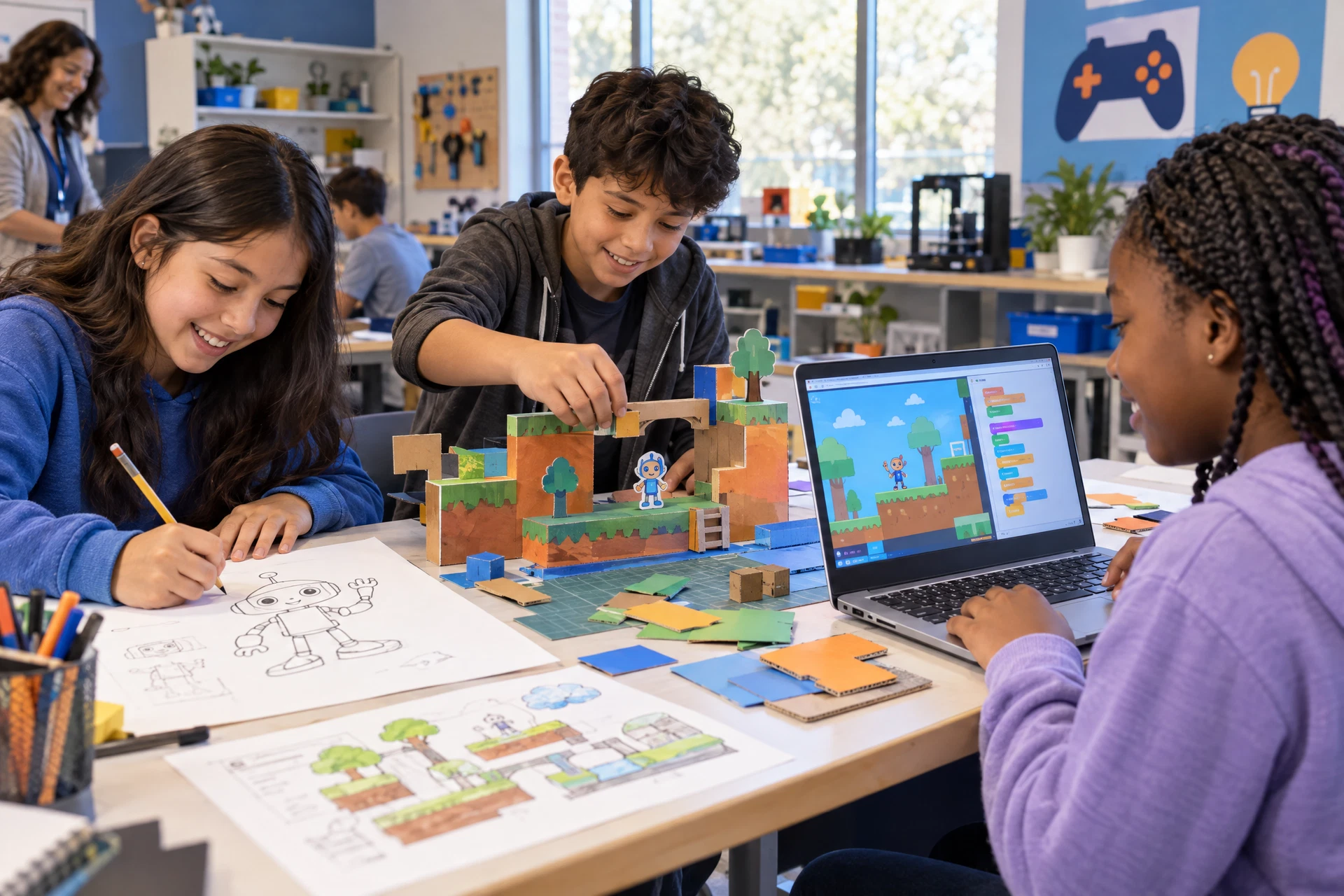 Illustrative scene of middle-school students sketching game characters, building level ideas and using visual coding