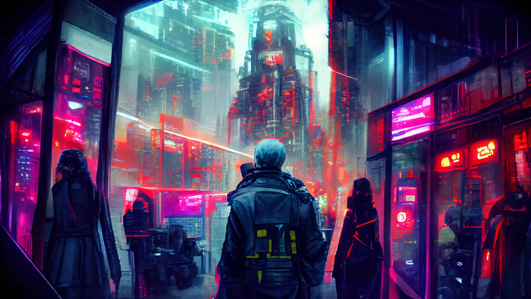 Fictional neon-city game-world artwork with immersive architecture and colorful lighting